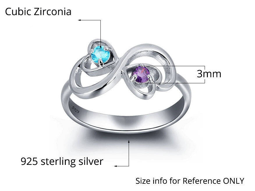 Personalized Solid Silver Ring, Infinity hearts design with Choice of Birthstone colors - US 6