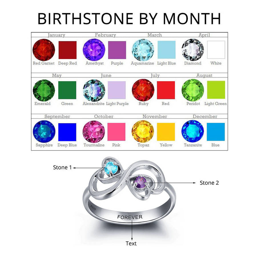 Personalized Solid Silver Ring, Infinity hearts design with Choice of Birthstone colors - US 6