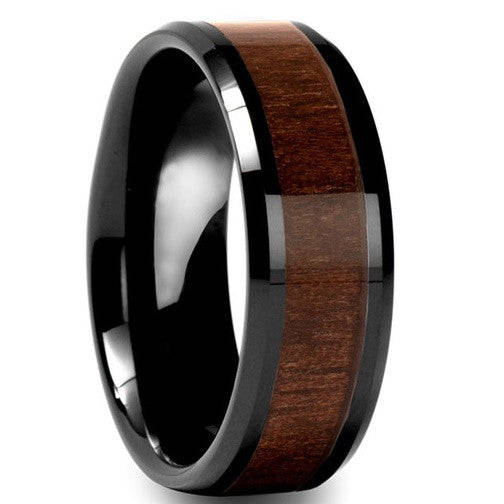 Men's Black Tungsten Carbide Ring with Wood Inlay - US 9