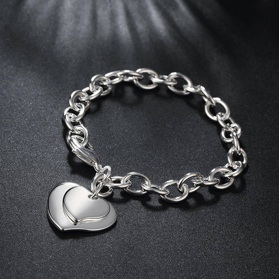 925 sterling silver filled double heart charm bracelet