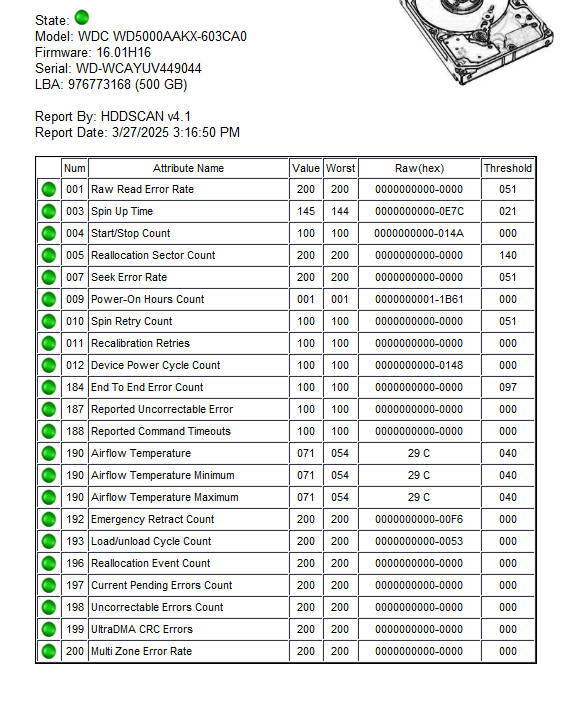 HDD 500GB Model: WDC WD5000AAKX-603CA0