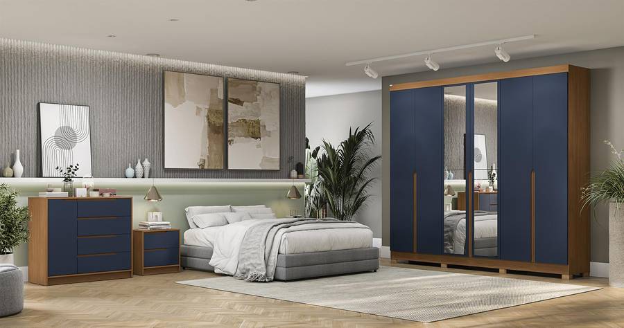 Urmas 6 Door Wardrobe With Mirror And Legs Deep Blue