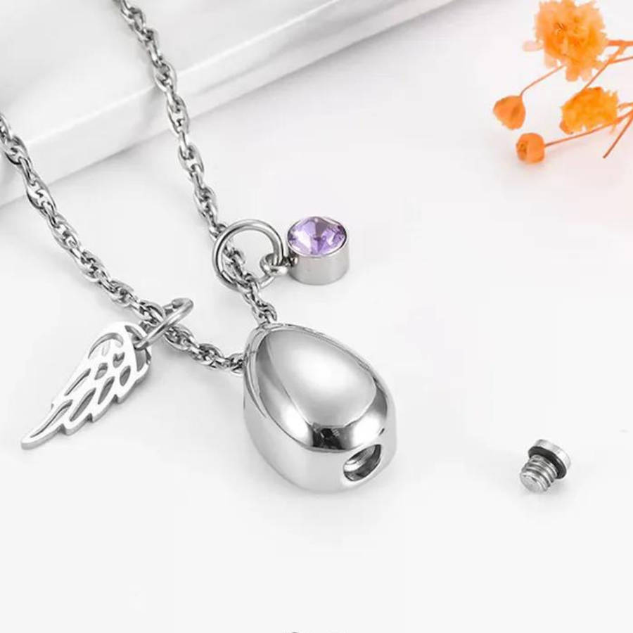Memorial Safe Keeping Pendant -Water drop with Angel wing and Birthstones