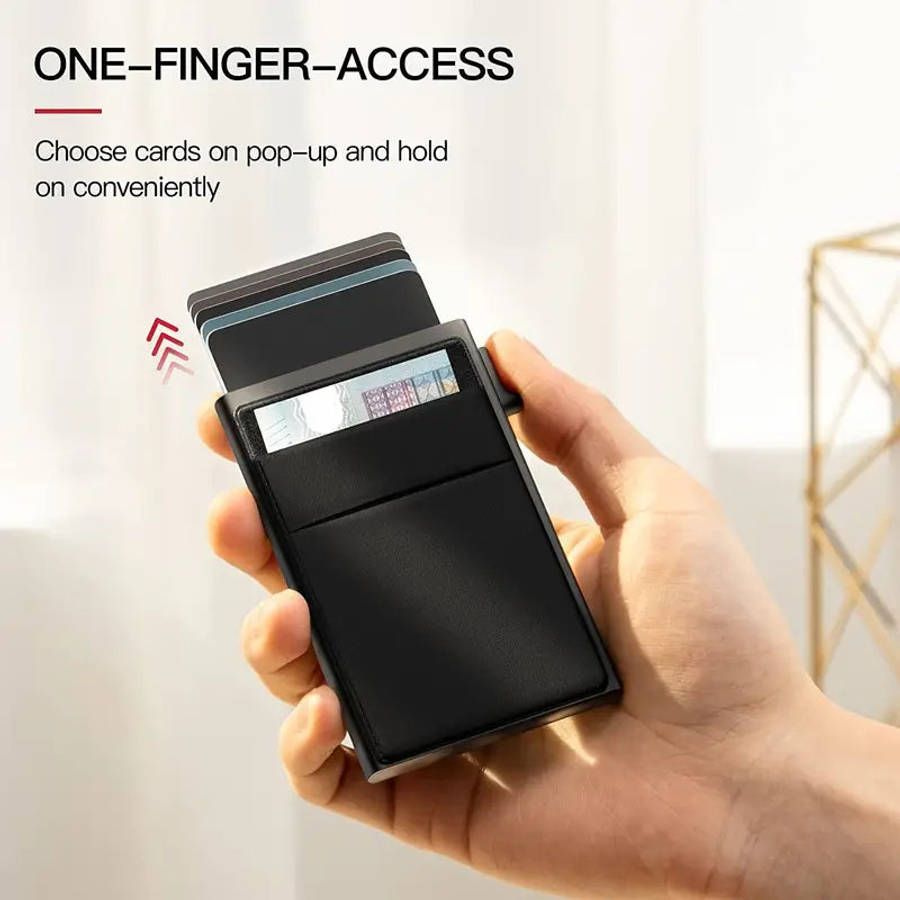 Ultra Slim RFID Pop Up Card Holder With Quick Access Double Pouch - Black