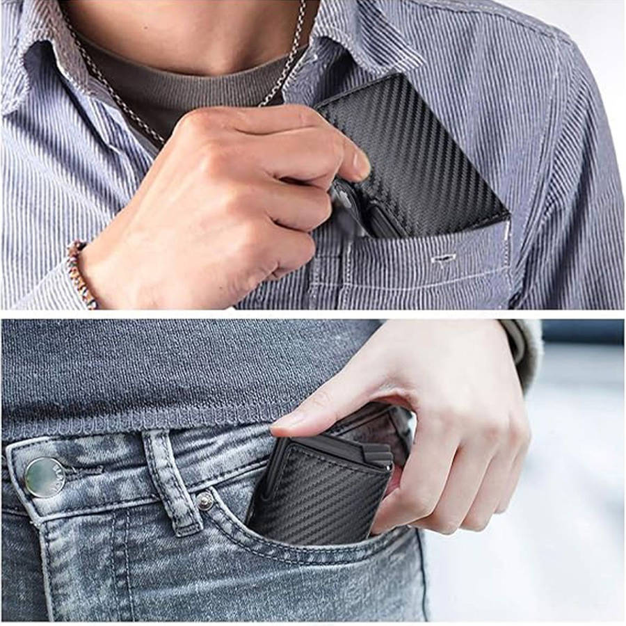 Double Carbon Fiber RFID Pop Up Card Holder Wallet-Black