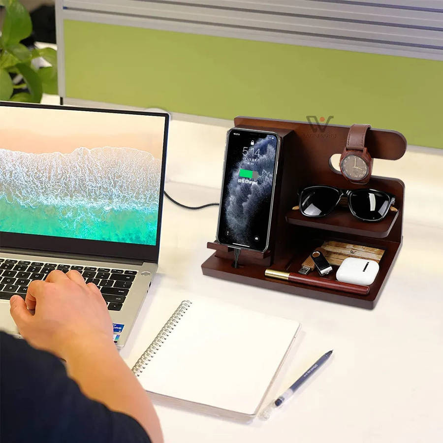 Wooden Phone And Daily Accessory Station - Dark Wood