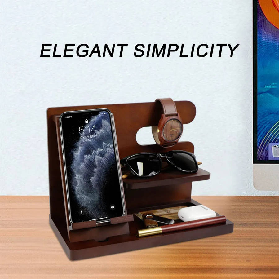 Wooden Phone And Daily Accessory Station - Dark Wood