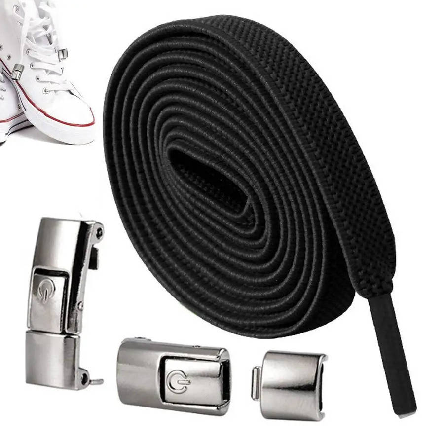 Flat Stretch Shoe Laces with Metal Buckles - 1 pair-BLACK