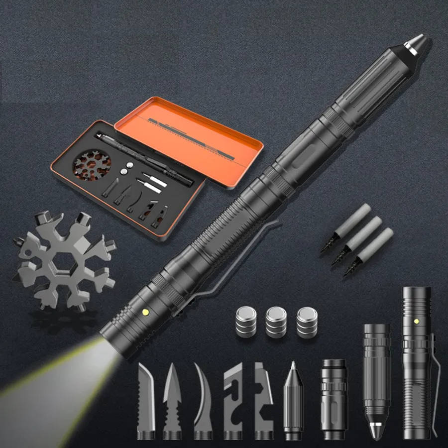 TactiPro 16-in-1 Multifunctional Tool Set  Tactical Pen, Snowflake Tool, Flashlight and More