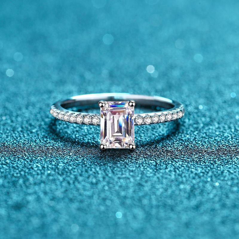 7x5mm Emerald Cut Moissanite Ring  | Rhodium Over 925 Sterling Silver