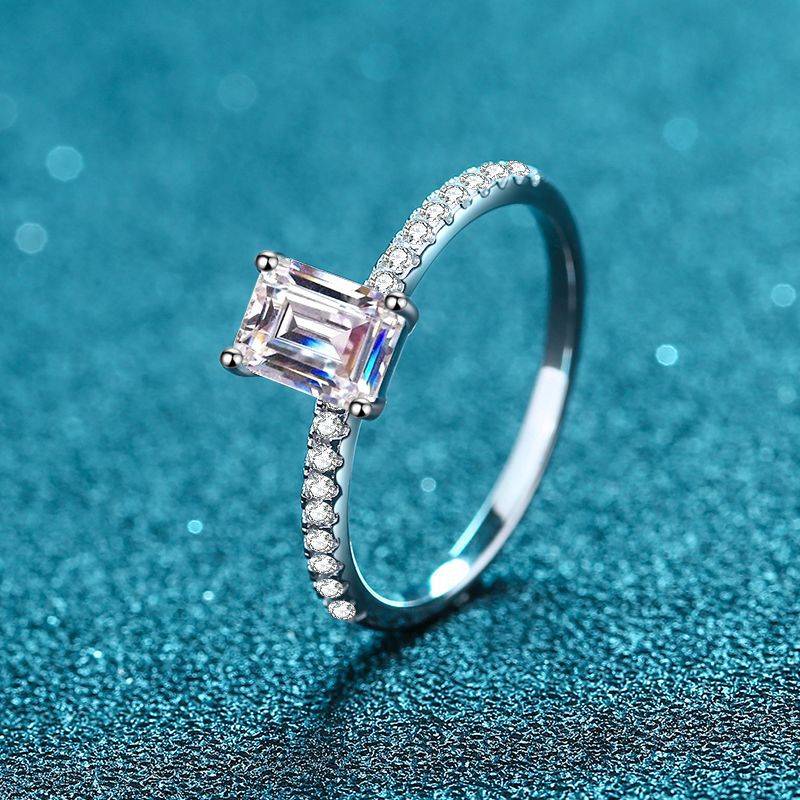 7x5mm Emerald Cut Moissanite Ring  | Rhodium Over 925 Sterling Silver