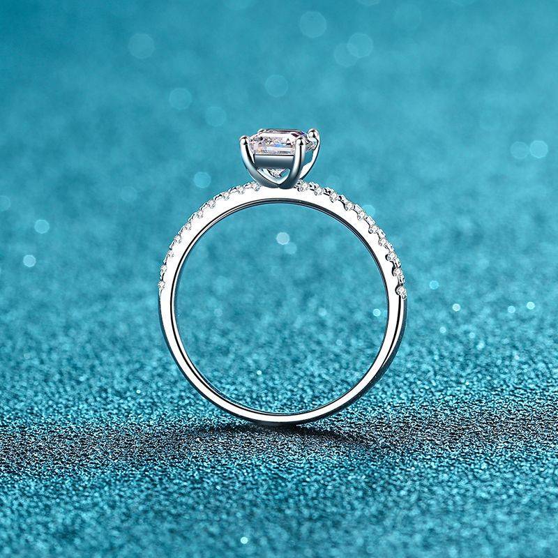 7x5mm Emerald Cut Moissanite Ring  | Rhodium Over 925 Sterling Silver