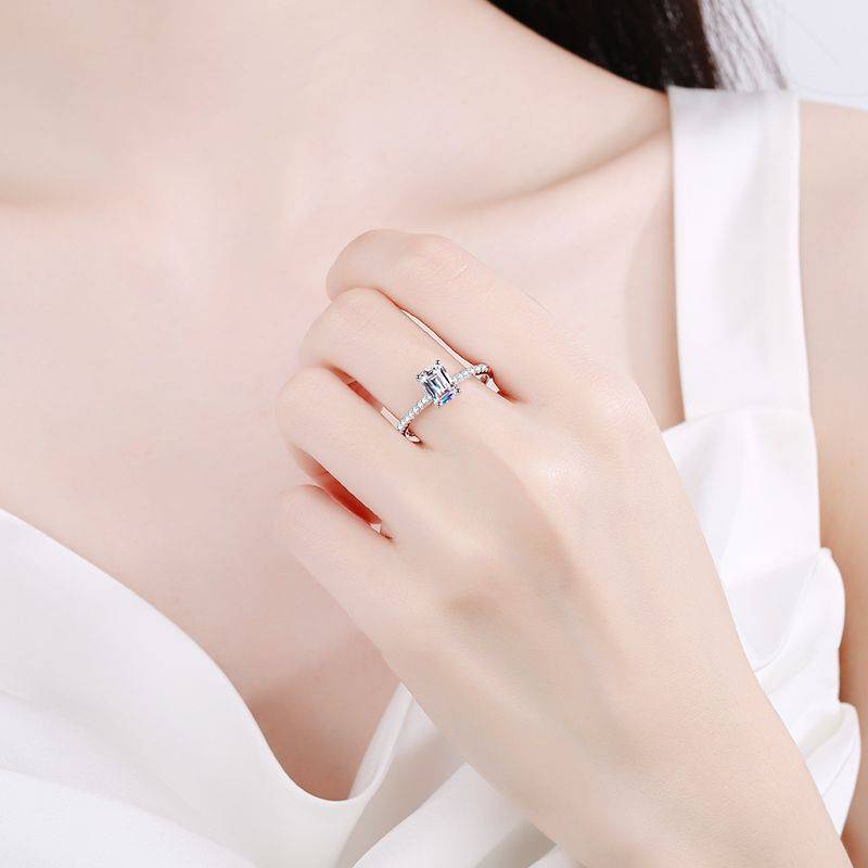 7x5mm Emerald Cut Moissanite Ring  | Rhodium Over 925 Sterling Silver