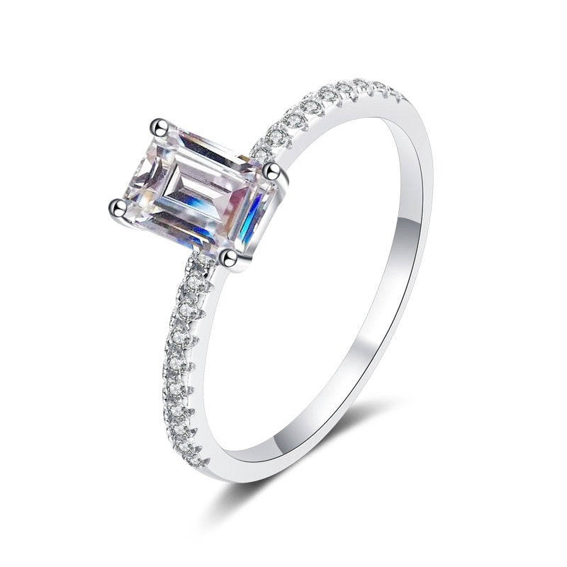 7x5mm Emerald Cut Moissanite Ring  | Rhodium Over 925 Sterling Silver