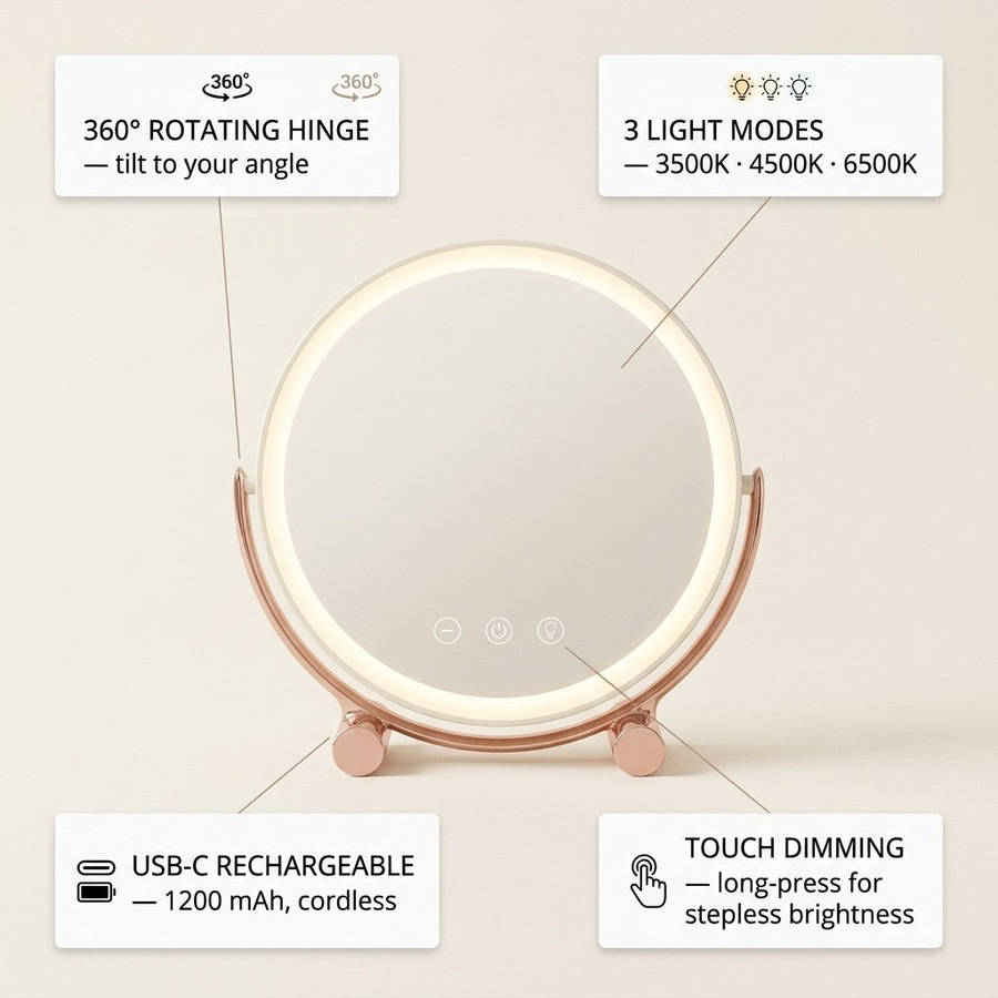 Rotatable Vanity Mirror with LED Lights  3 Color Modes, Stepless Dimming, USB-C Rechargeable