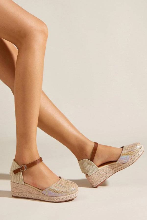 Holographic Crocodile Embossed Espadrille Wedge Court Shoes