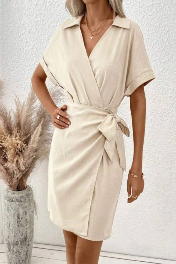 Clasi Women Summer Short Sleeve Solid Wrap Tie Side Bodycon Midi Dress