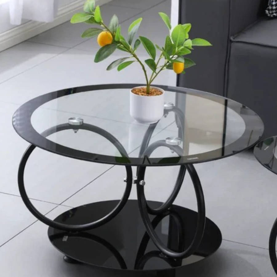 Aesthetic Round Shaped Glass Top Coffee Table with Unique Metal Frame CT-11 BLACK