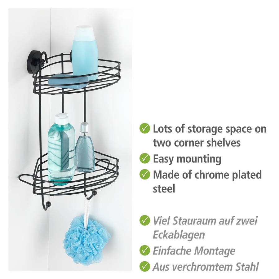 Wenko Vacuum Locâ® 2 Tier Corner Rack Black Wall Shelf No Drilling