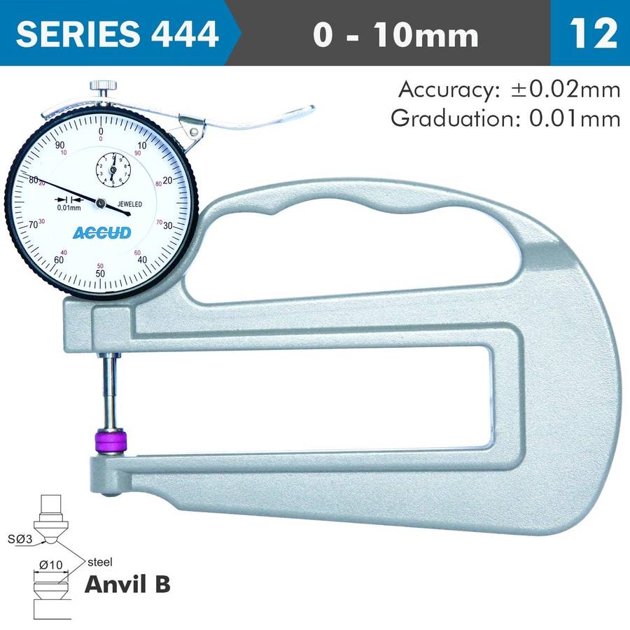 Accud Thickness Gauge 10 Mm 0.02 Mm Acc. Large Depth Steel Anvil 0.01 Mm Grad.