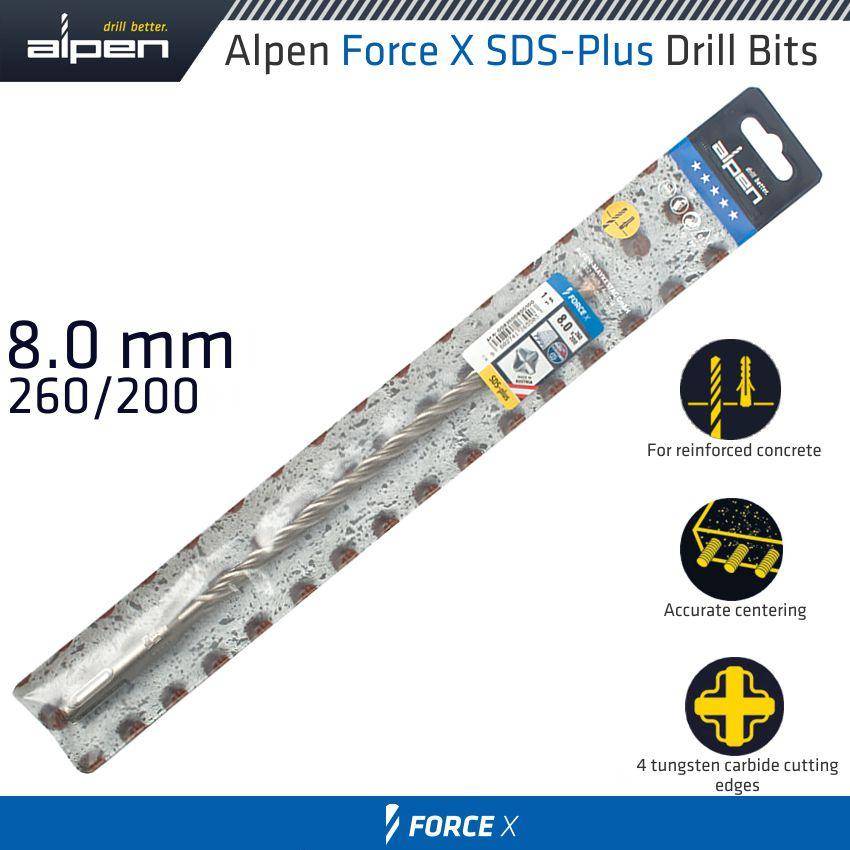 Alpen Force X 8.0 X 260/200 Sds Plus Rebar Drill Bit X4 Cutting Edges