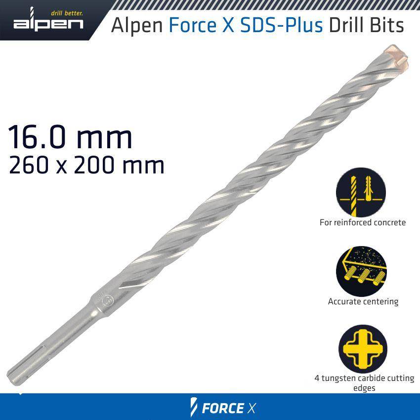 Alpen Force X 16.0 X 260/200 Sds Plus Rebar Drill Bit X4 Cutting Edges