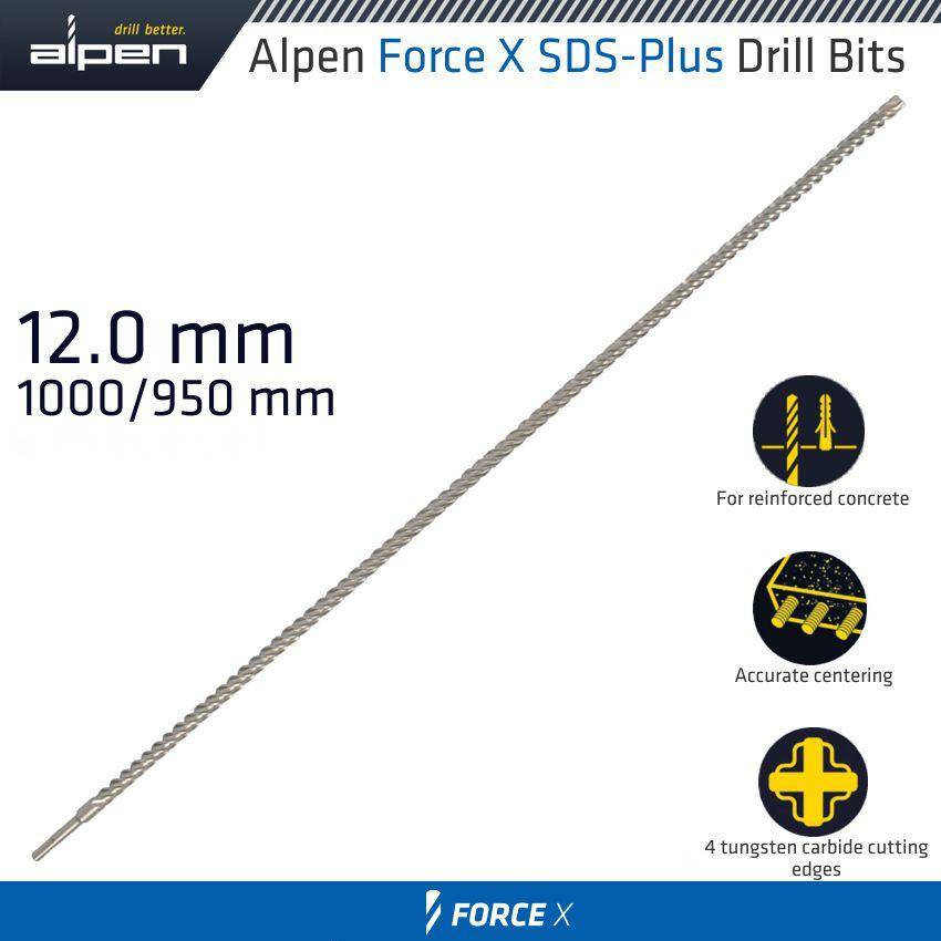 Alpen Force X 12.0 X 1000/950 Sds Plus Rebar Drill Bit X4 Cutting Edges