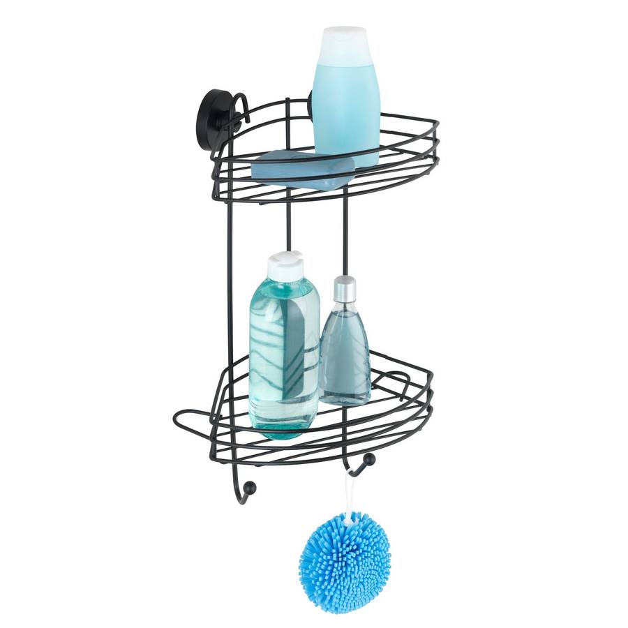 Wenko Vacuum Locâ® 2 Tier Corner Rack Black Wall Shelf No Drilling