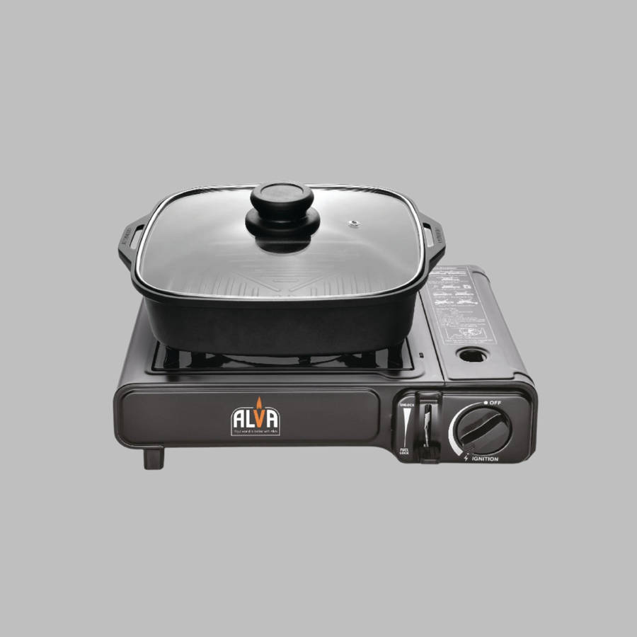 Alva Single Burner Butane Gas Canister Stove + Cooking Pot & Lid 1 Plate