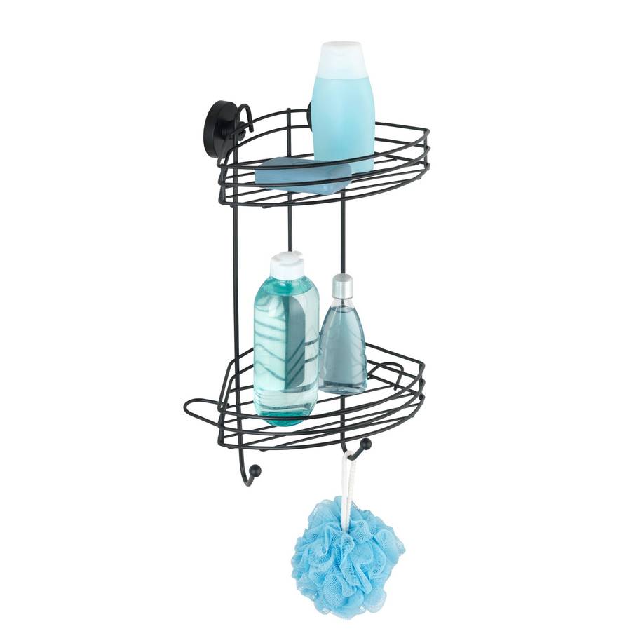 Wenko Vacuum Locâ® 2 Tier Corner Rack Black Wall Shelf No Drilling