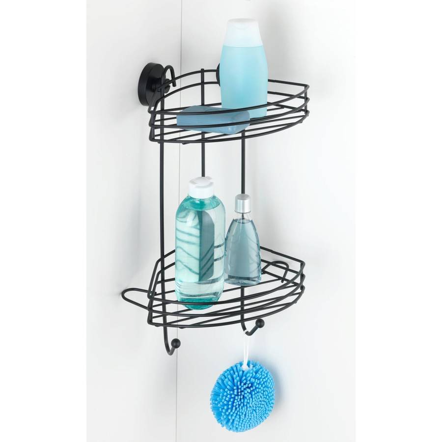 Wenko Vacuum Locâ® 2 Tier Corner Rack Black Wall Shelf No Drilling