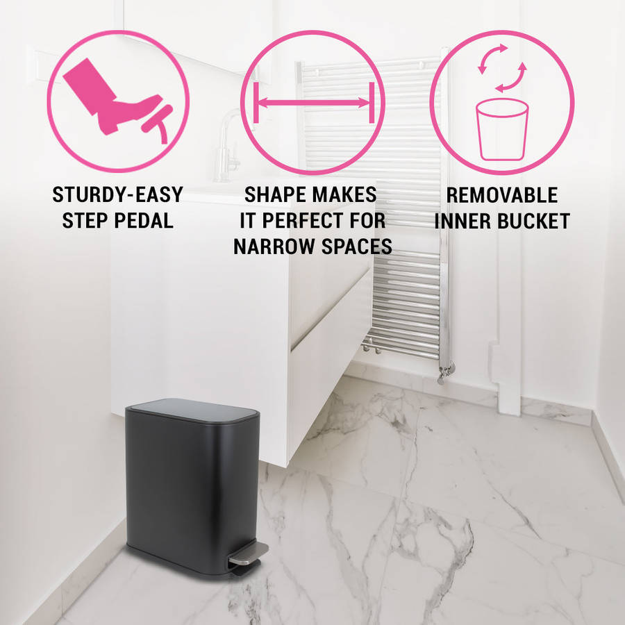 Casa 5 L Slimline Rectangle Steel Pedal Bin Matte Black Trento