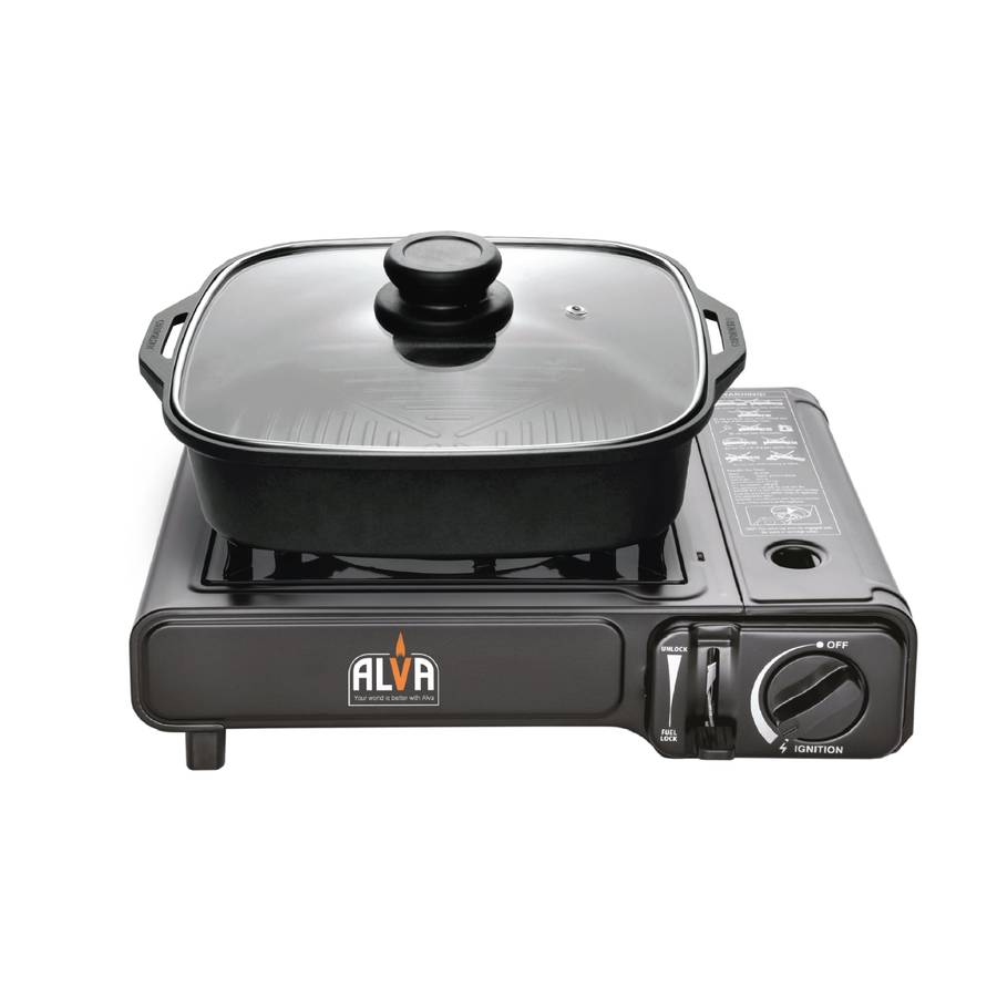 Alva Single Burner Butane Gas Canister Stove + Cooking Pot & Lid 1 Plate
