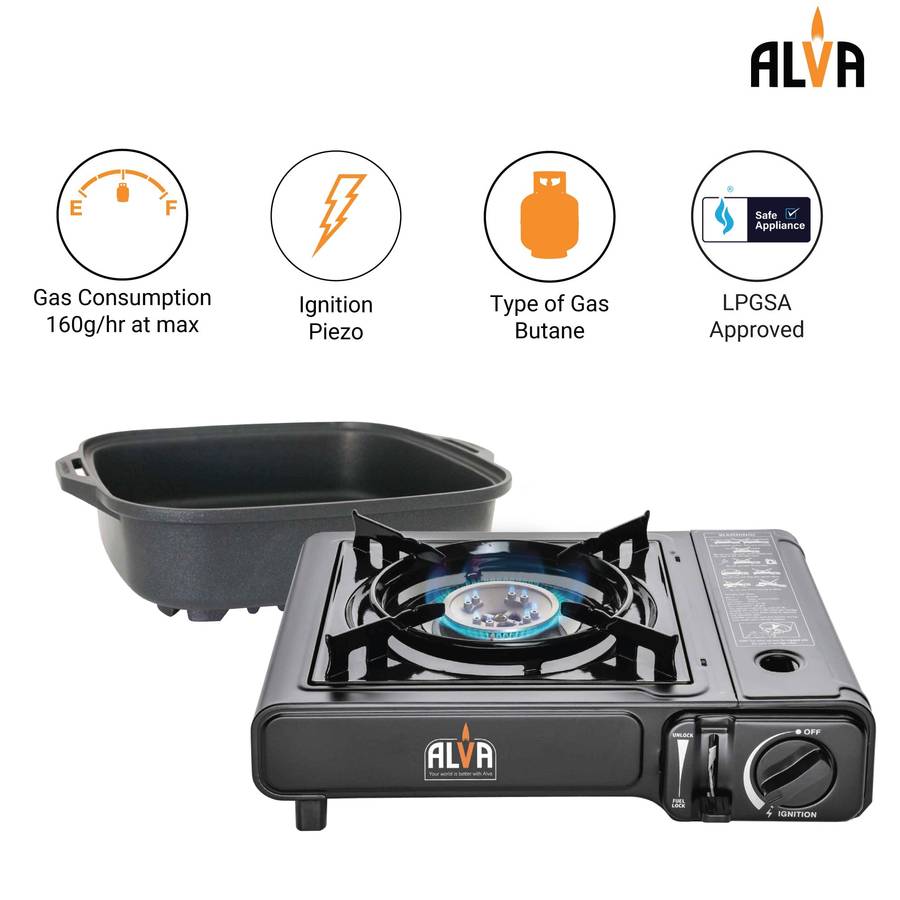 Alva Single Burner Butane Gas Canister Stove + Cooking Pot & Lid 1 Plate