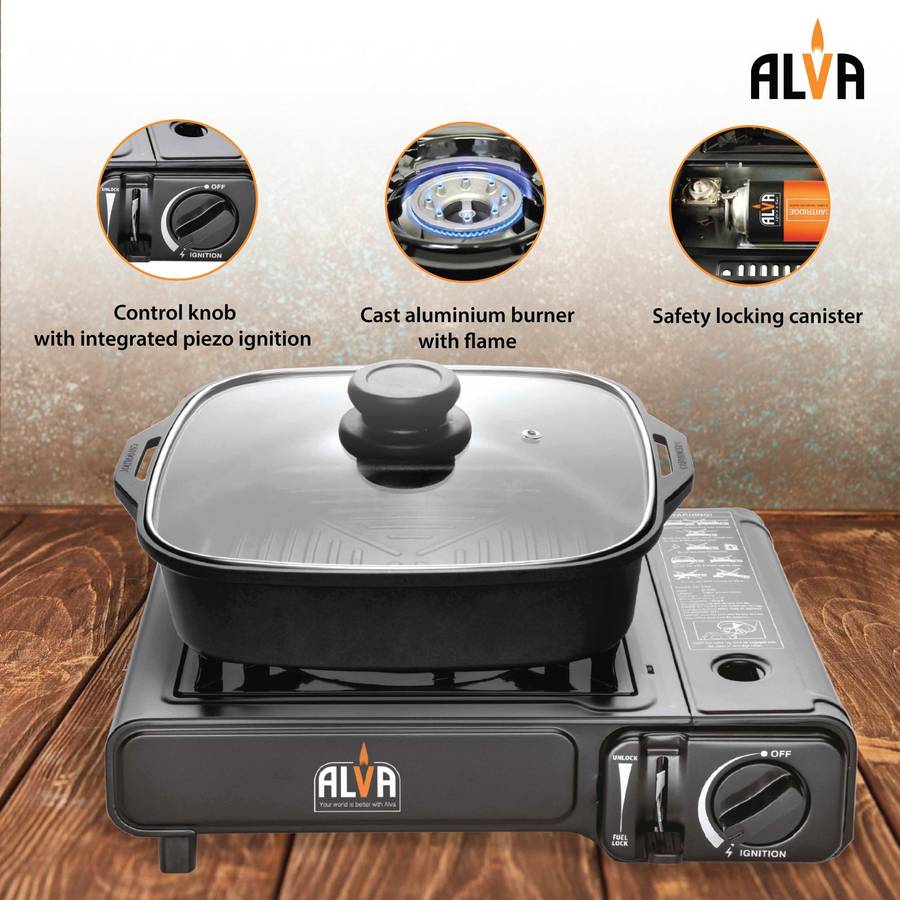 Alva Single Burner Butane Gas Canister Stove + Cooking Pot & Lid 1 Plate