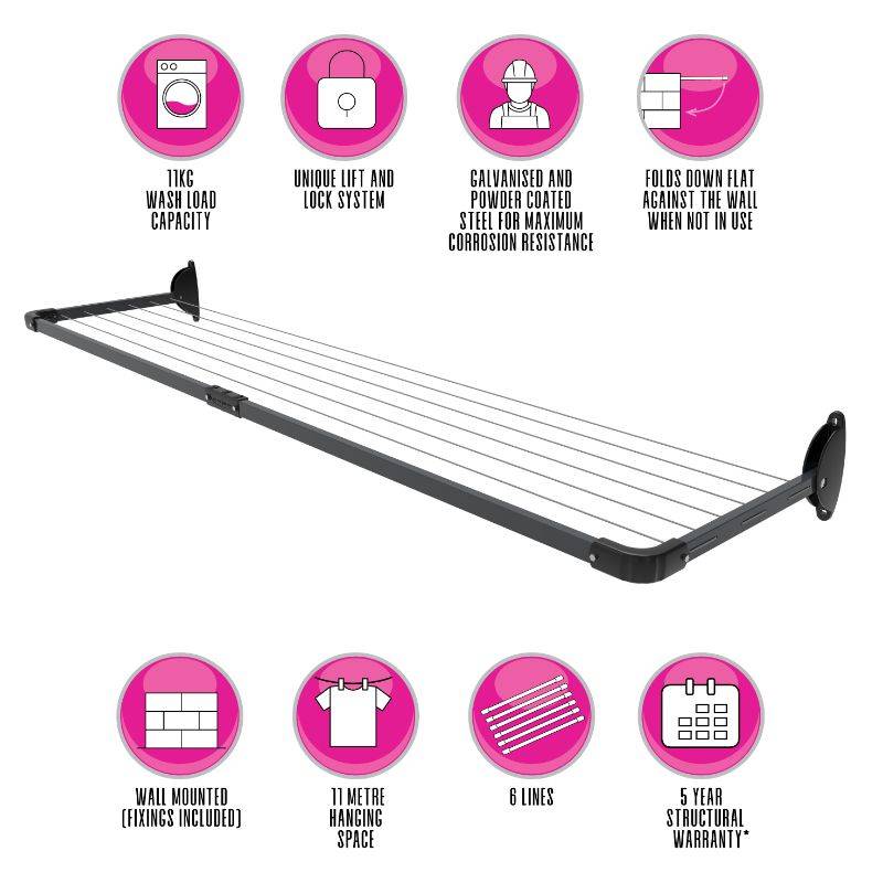 Casa 5 Line Slim Fold Down Wall Mounted Clothesline 11 M