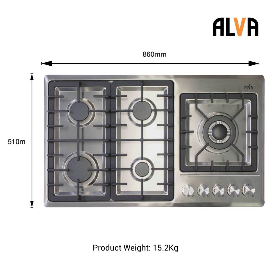 Alva 90cm 5 Burner Gas Hob Stainless Steel