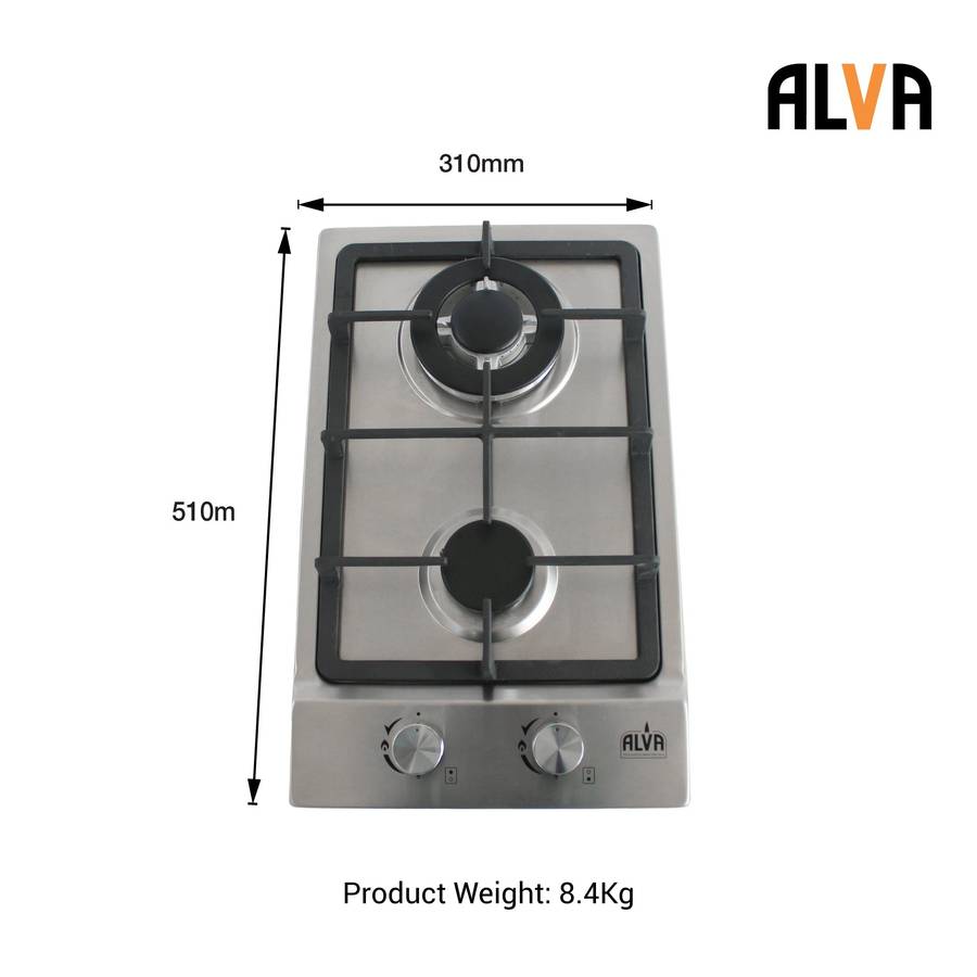Alva 30cm 2 Burner Gas Hob Stainless Steel