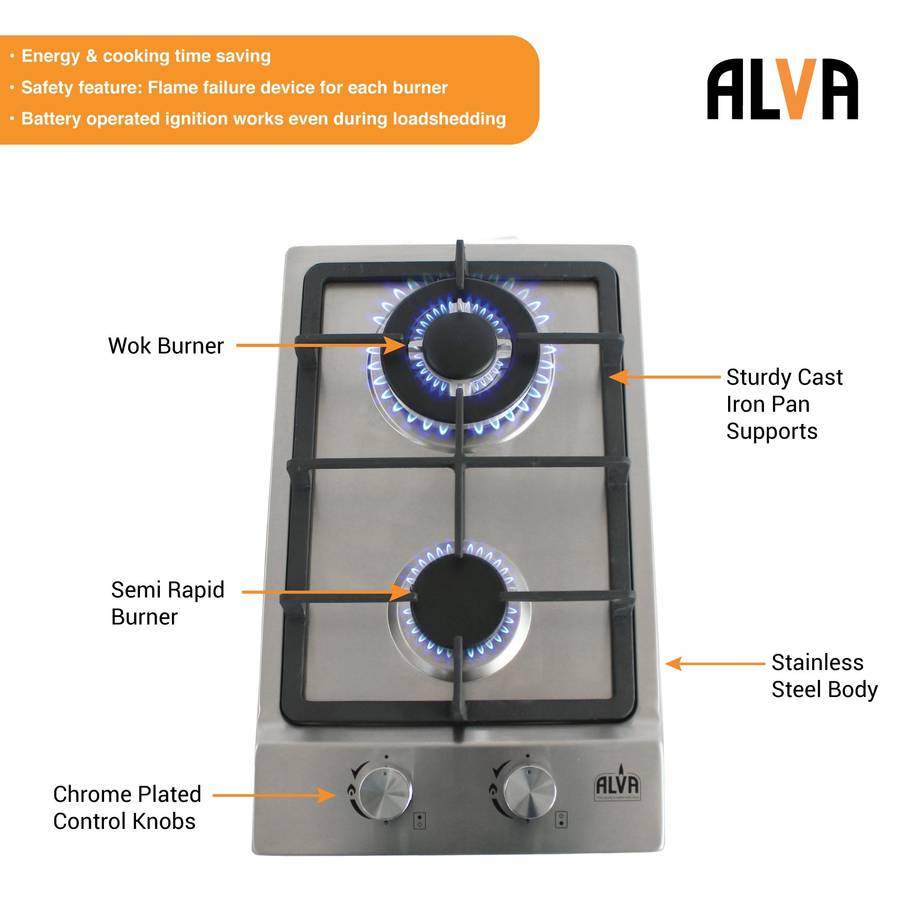 Alva 30cm 2 Burner Gas Hob Stainless Steel
