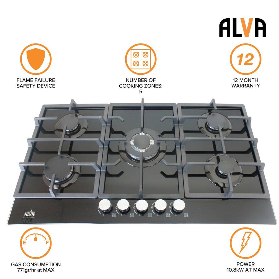 Alva 90cm 5 Burner Gas Hob Glass Top