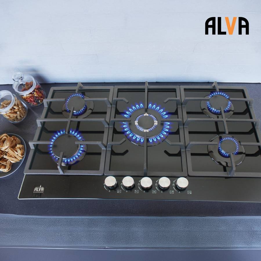Alva 90cm 5 Burner Gas Hob Glass Top