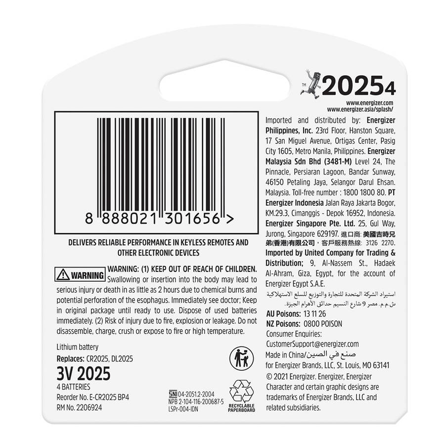 Energizer Battery Lithium Coin 3 V Cr2025 4 Pack