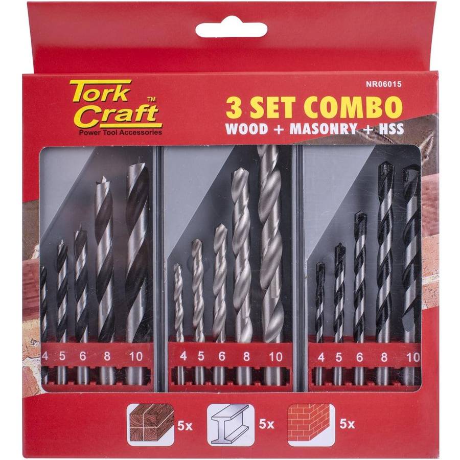 Tork Craft Drill Bit 3 Set Combo Wood + Masonry + Hss