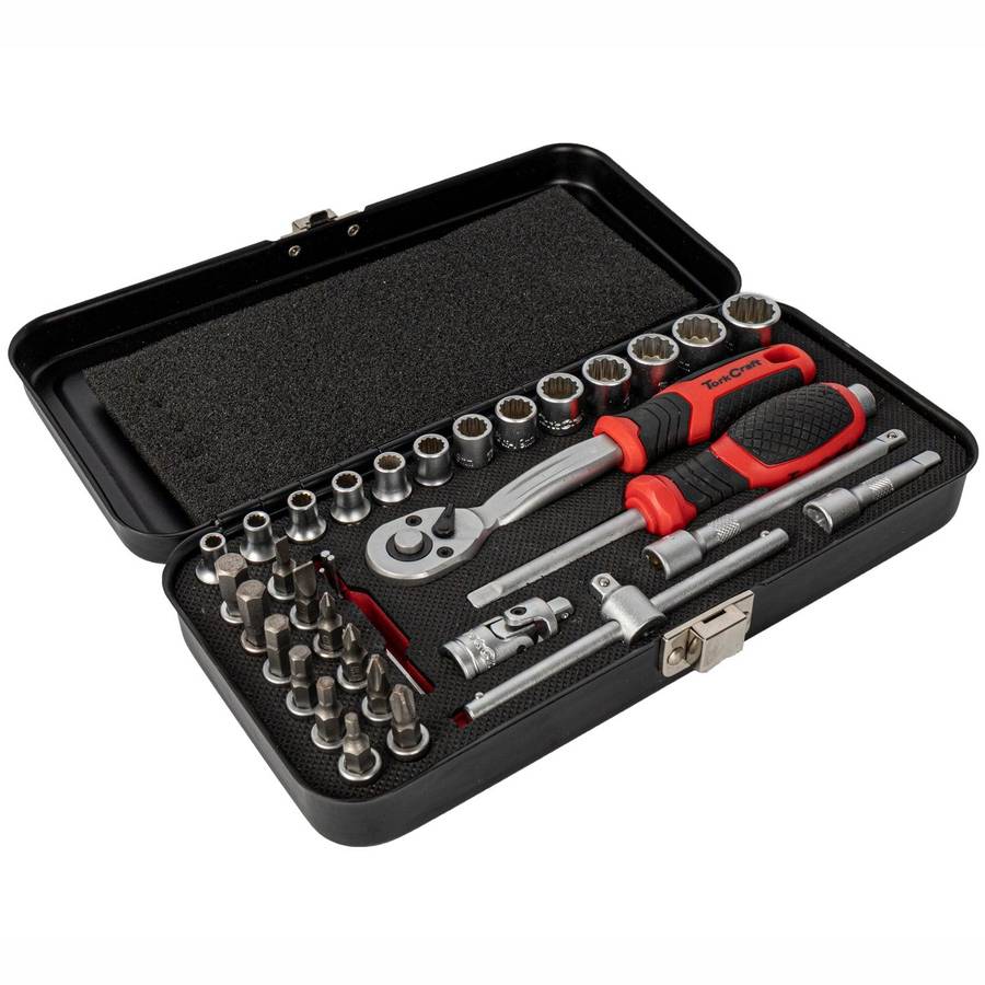 Tork Craft Socket & Ratchet Set 34 Pc 1/4' Dr Crv 12 Point Metal Case