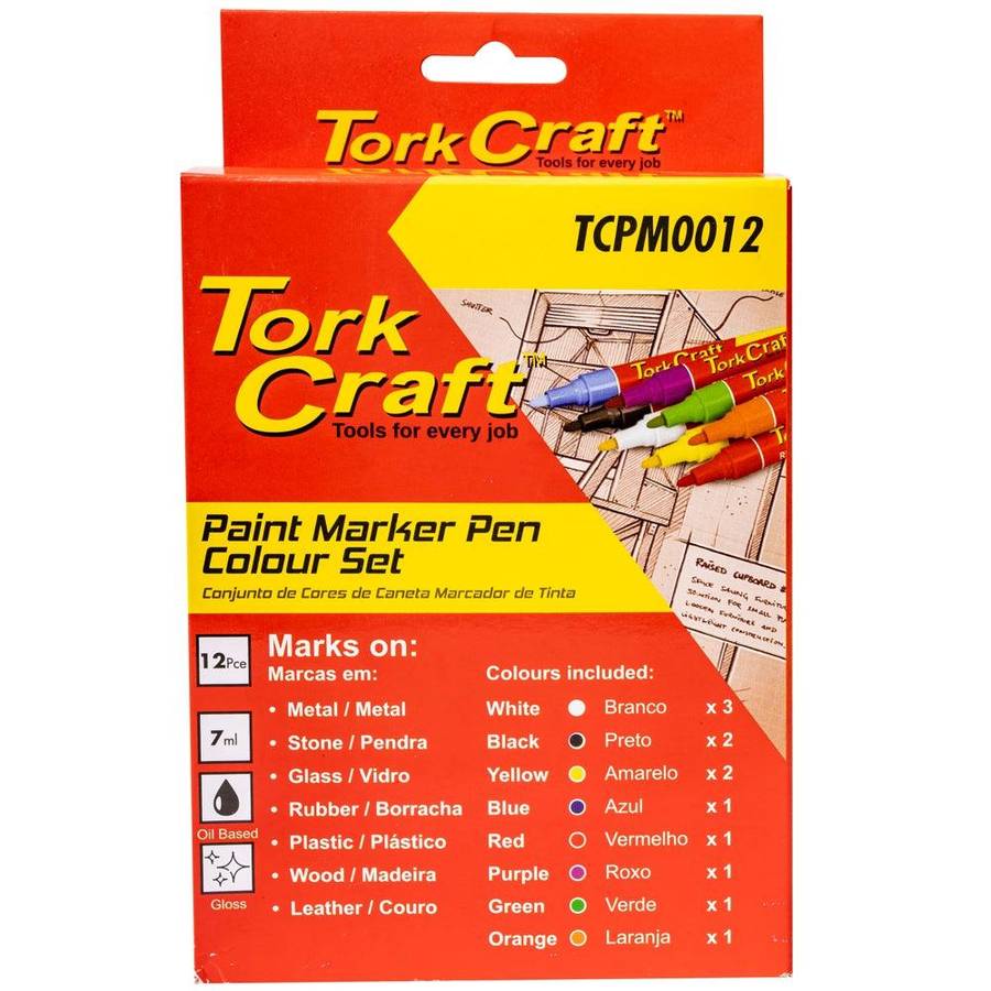 Tork Craft Paint Marker Pen 12 Pk Red/Yel/White/Black/Blue/Green/Purple/Orange