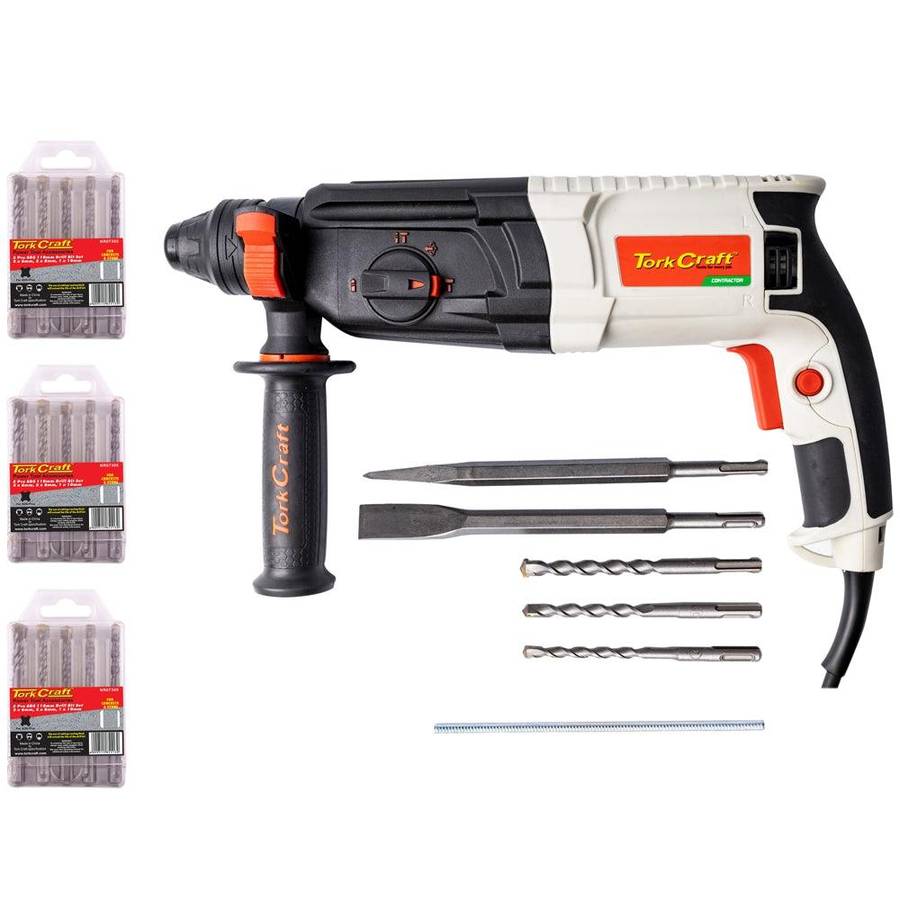 Tork Craft Rotary Hammer 800 W Sds Tcrh0800 C/W 5 Pc Sds Drill Bit Set X 3 Nr07305