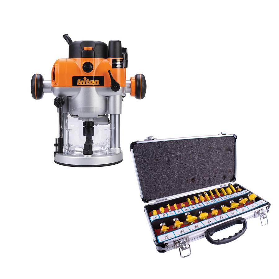 Triton Plunge Router 2400 W 1/2'& 1/4'collet 230 V & 24 Pc 1/4 Router Bit Set Tc