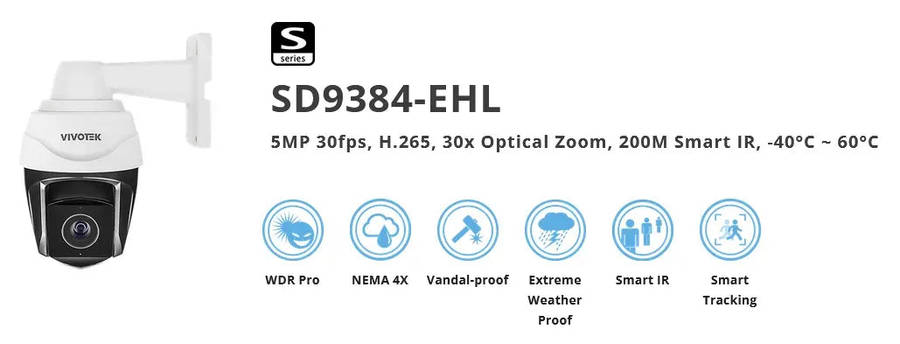 Vivotek SD9384-EHL Outdoor Speed Dome Camera, 5MP, 30x Optical Zoom, 200M IR, WDR Pro