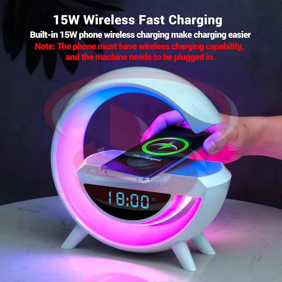 Big G-Shape Multifunction Light With Alarm Clock, Wireless Charger & BT Speaker