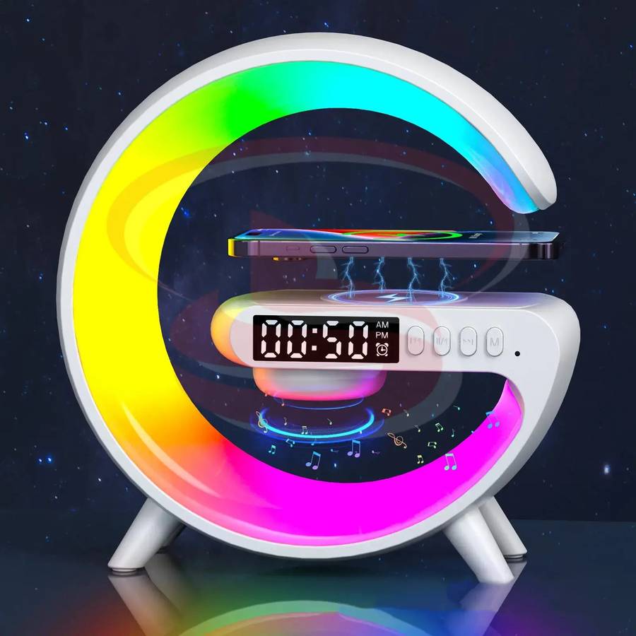 Mini G-Shape Multifunction Light With Alarm Clock, Wireless Charger & BT Speaker